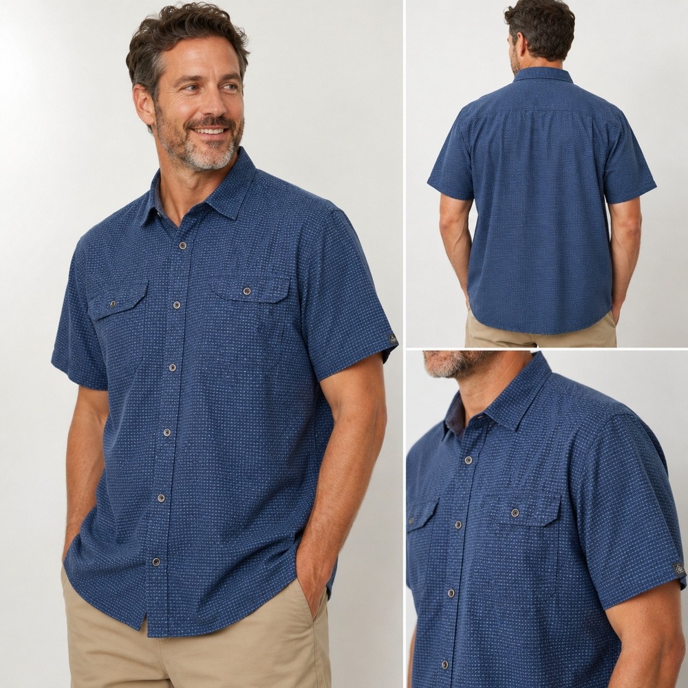 Prana‎ Men's Short Sleeve Button Up Shirt Blue Geometric Print Casual Size XL